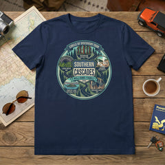 Circle of Discovery - Southern Cascades - Badge Design - Navy Tshirt featuring Crater Lake, Redwoods, Oregon Caves, Lava Tubes, and Lassen Volcanic National Parks.