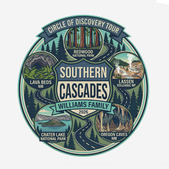 Detail View of Circle of Discovery - Southern Cascades - Badge Design - White Tshirt featuring Crater Lake, Redwoods, Oregon Caves, Lava Tubes, and Lassen Volcanic National Parks.