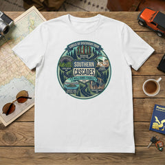 Circle of Discovery - Southern Cascades - Badge Design - White Tshirt featuring Crater Lake, Redwoods, Oregon Caves, Lava Tubes, and Lassen Volcanic National Parks.