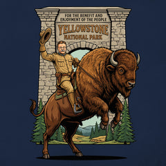 Detail view of Teddy Roosevelt riding a Bison in front of Yellowstone Arch on a Navy T-Shirt.