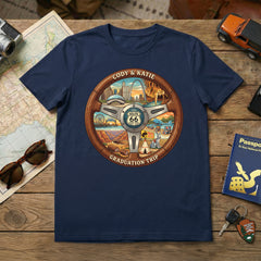 Navy blue t-shirt with a 'Cody & Katie Graduation Trip' design on a wooden surface with travel-themed items.