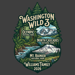 Detail of Personalized Washington Wild 3 Vacation themed custom charcoal t-shirt in adult and youth sizes featuring scenery from Mt. Rainier, North Cascades and Olympic National Parks.