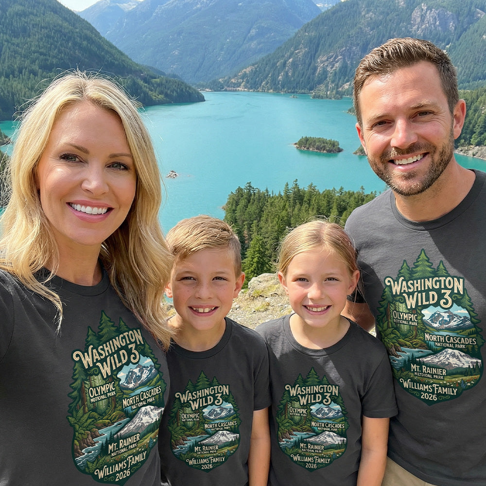 Family wearing matching Personalized Washington Wild 3 Vacation themed custom charcoal t-shirts in adult and youth sizes featuring scenery from Mt. Rainier, North Cascades and Olympic National Parks.