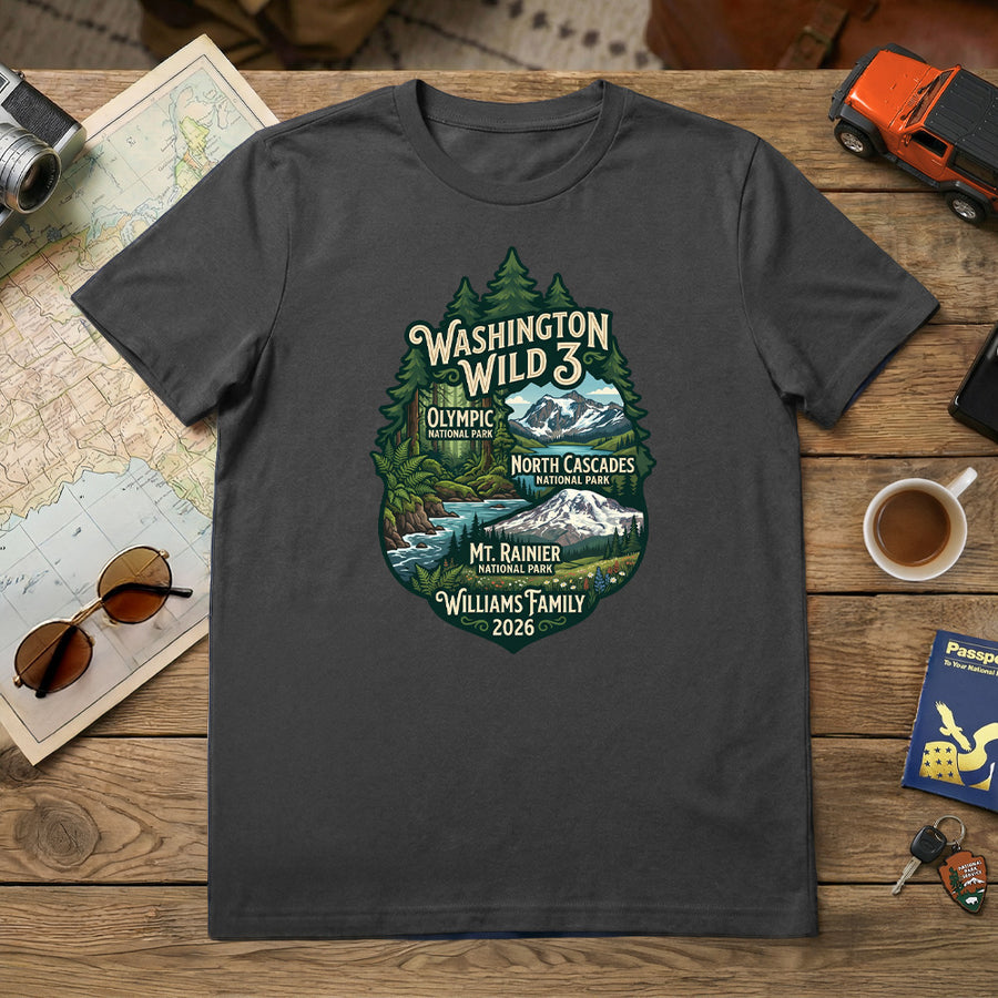 Personalized Washington Wild 3 Vacation themed custom charcoal t-shirt in adult and youth sizes featuring scenery from Mt. Rainier, North Cascades and Olympic National Parks.