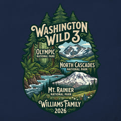 Detail of Personalized Washington Wild 3 Vacation themed custom navy t-shirt in adult and youth sizes featuring scenery from Mt. Rainier, North Cascades and Olympic National Parks.