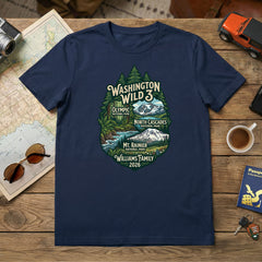 Personalized Washington Wild 3 Vacation themed custom navy t-shirt in adult and youth sizes featuring scenery from Mt. Rainier, North Cascades and Olympic National Parks.