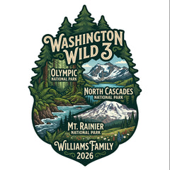 Detail of Personalized Washington Wild 3 Vacation themed custom white t-shirt in adult and youth sizes featuring scenery from Mt. Rainier, North Cascades and Olympic National Parks.