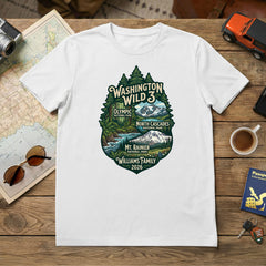 Personalized Washington Wild 3 Vacation themed custom white t-shirt in adult and youth sizes featuring scenery from Mt. Rainier, North Cascades and Olympic National Parks.