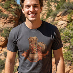 Model wearing Zion National Park Walter's Wiggles Hiking Boot Charcoal T-Shirt